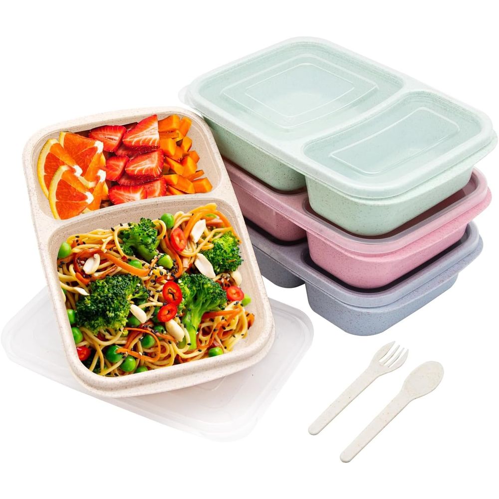 Food Storage Safe - กล่องอาหารกลางวันเบนโต 4 แพ็ค, ภาชนะเตรียมอาหาร 2 ช่องพร้อมฝาปิด,