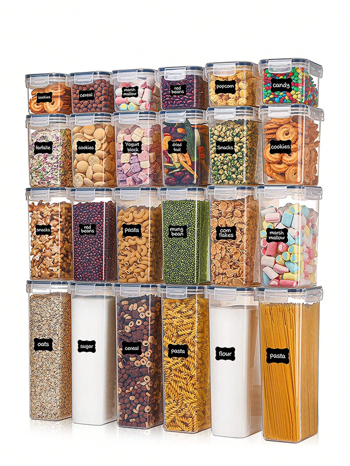 Food Storage In Pantry - ชุดภาชนะเก็บอาหารแบบปิดสนิท 48 ชิ้น, แถมฟรีภาชนะพลาสติกสำหรับเก็บสปาเก็ตตี้พร้อมฝาปิดล็อกง่าย, สำหรับการจัดระเบียบและจัดเก็บในครัว, รวมถึงป้ายติดสินค้า,