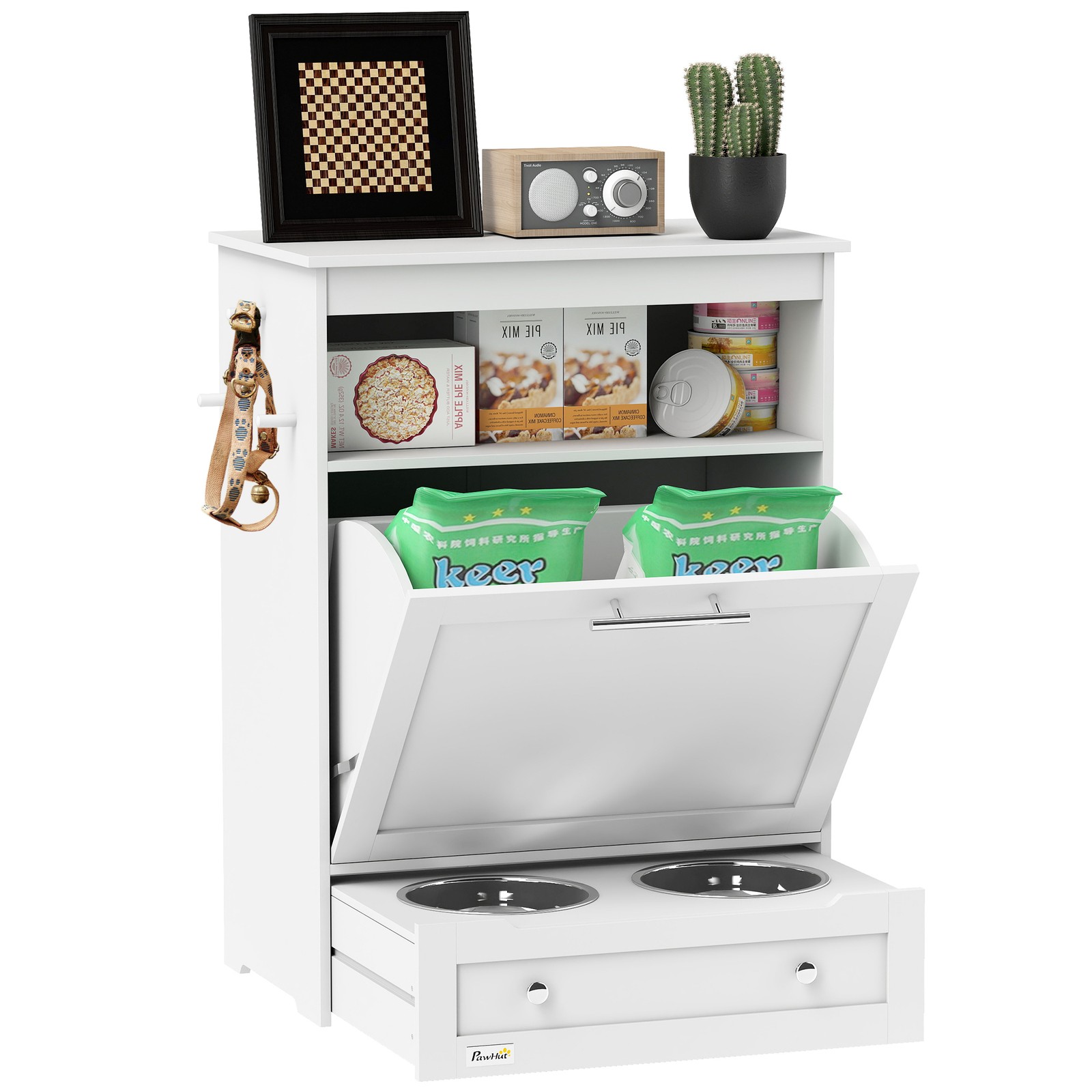 Food Storage Pet - สถานีให้อาหารสัตว์เลี้ยง, ตู้เก็บอาหารสำหรับสุนัขและแมว, ตู้เก็บอาหารสีขาว
