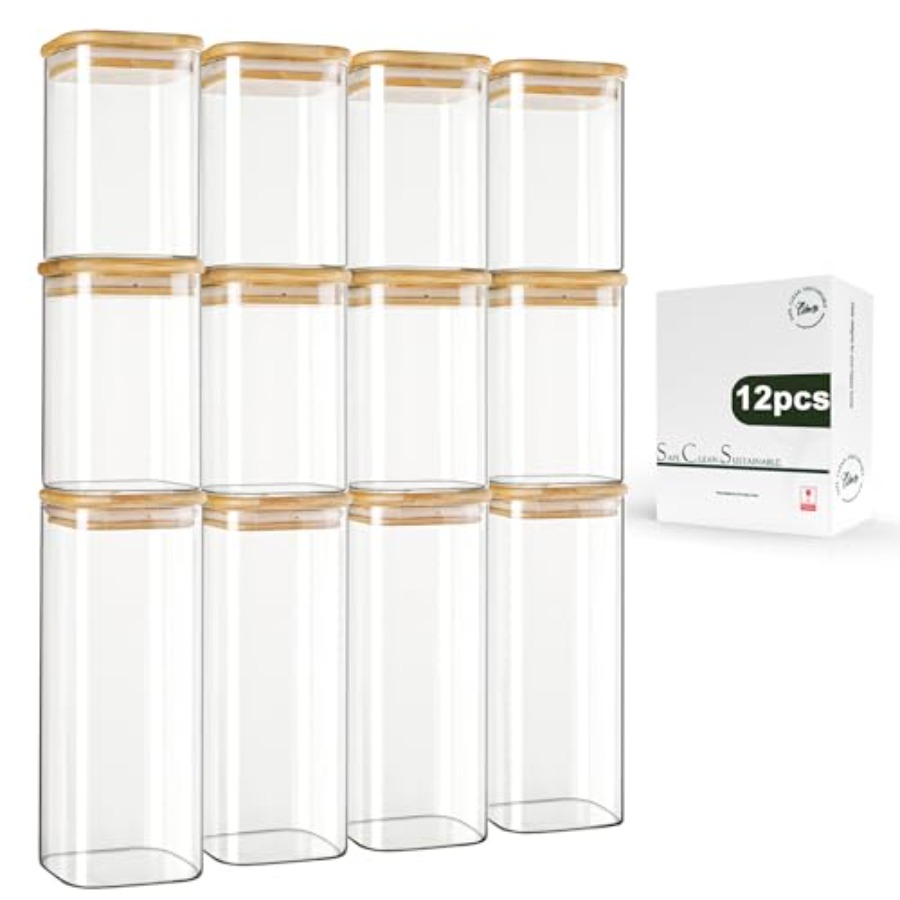 Food Storage In Pantry - ชุดโหลแก้วทรงสี่เหลี่ยมพร้อมฝาไม้ไผ่ 12 ชิ้น ขนาด 0.6Qt/1.06Qt -