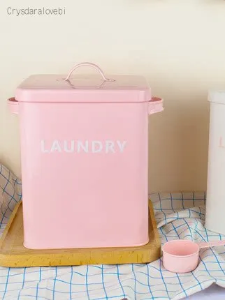Food Storage With Scoop - กล่องเก็บของอเนกประสงค์ สีชมพูขาว สำหรับห้องครัว ห้องน้ำ ห้องซักผ้า บรรจุข้าว