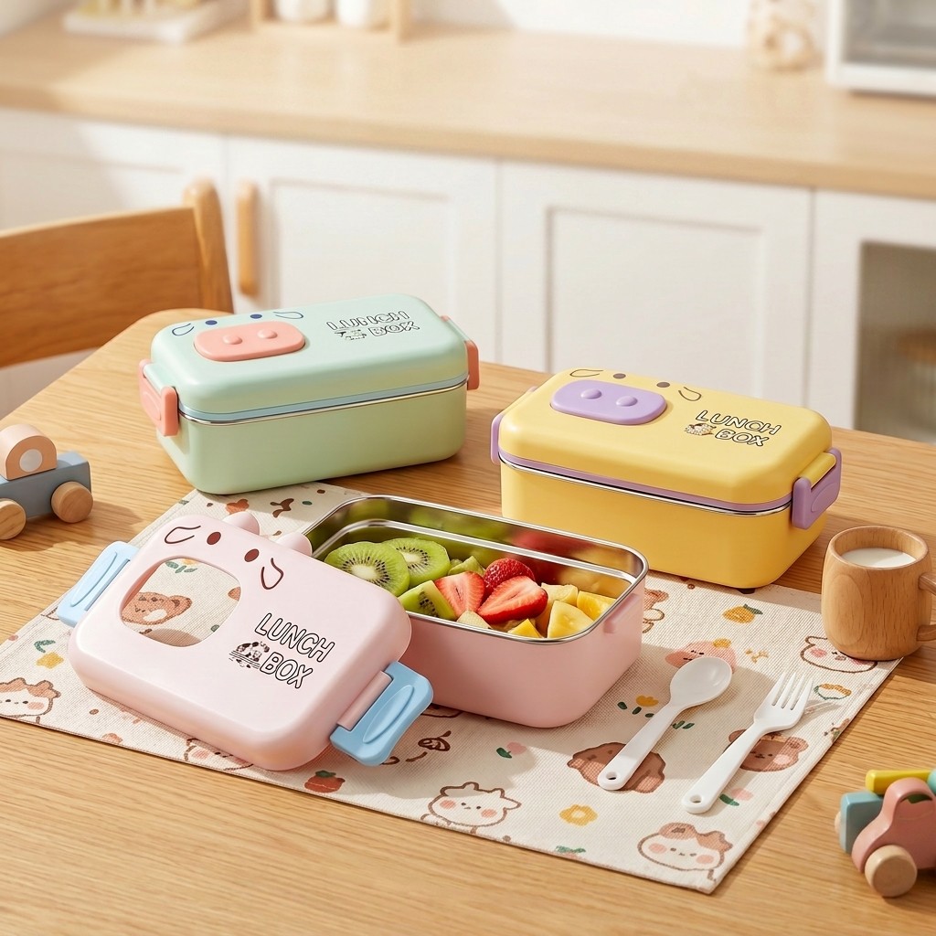 Food Storage With Scoop - กล่องเบนโตะสแตนเลส 304 ป้องกันการรั่วซึม กล่องอาหารกลางวันสำหรับเด็ก ลายการ์ตูน ใช้กับไมโครเวฟได้