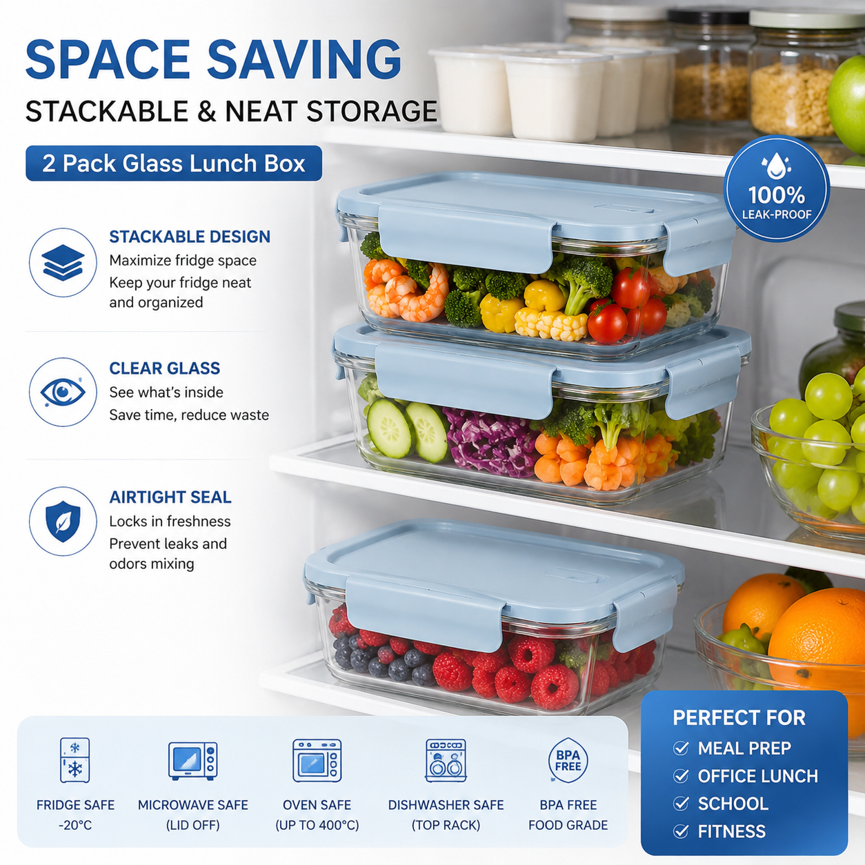Food Storage Glass Containers - กล่องใส่อาหารแก้ว 2 ชิ้น ปลอดสาร BPA ปิดสนิท