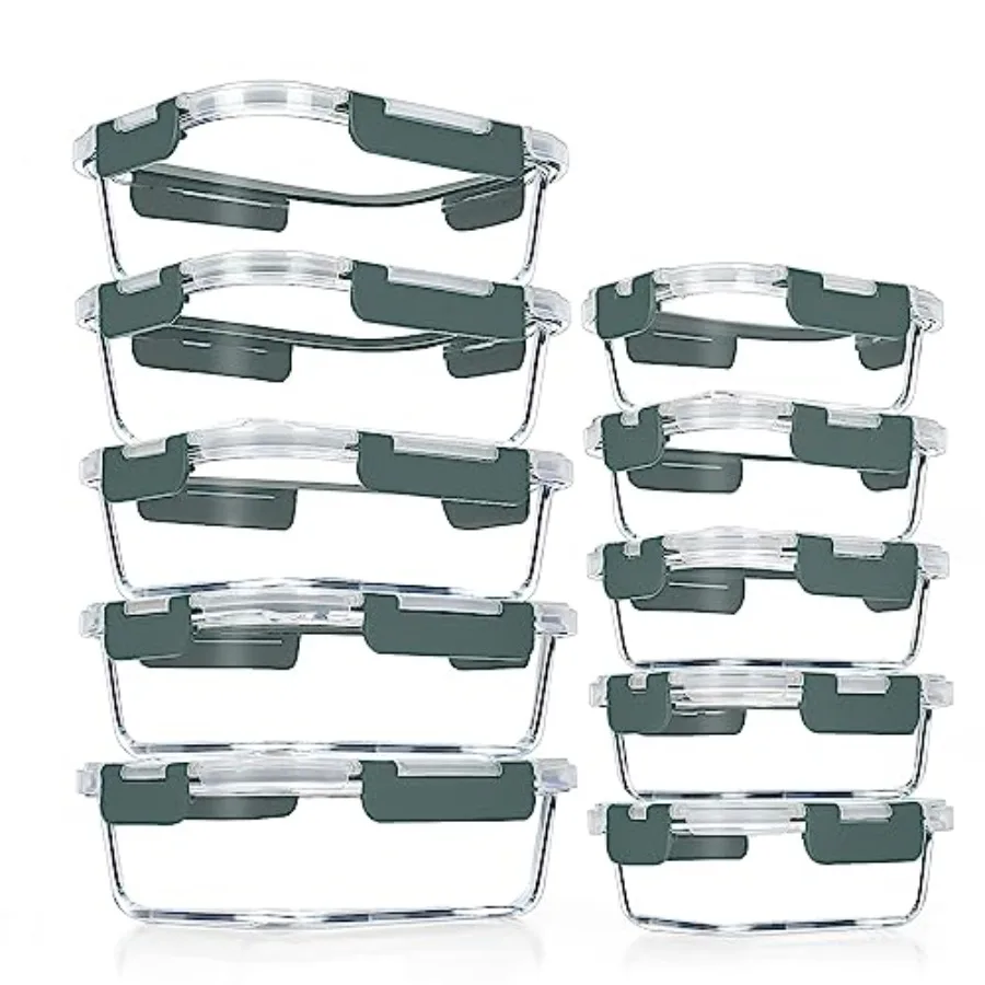 Food Storage Glass Containers - ชุดกล่องแก้วเตรียมอาหาร 10 ชิ้น, กล่องแก้วใส่อาหารกลางวันแบบสุญญากาศ, ชุดกล่องแก้วเก็บอาหารแบบซ้อนได้พร้อมฝาปิด, ปลอดสาร