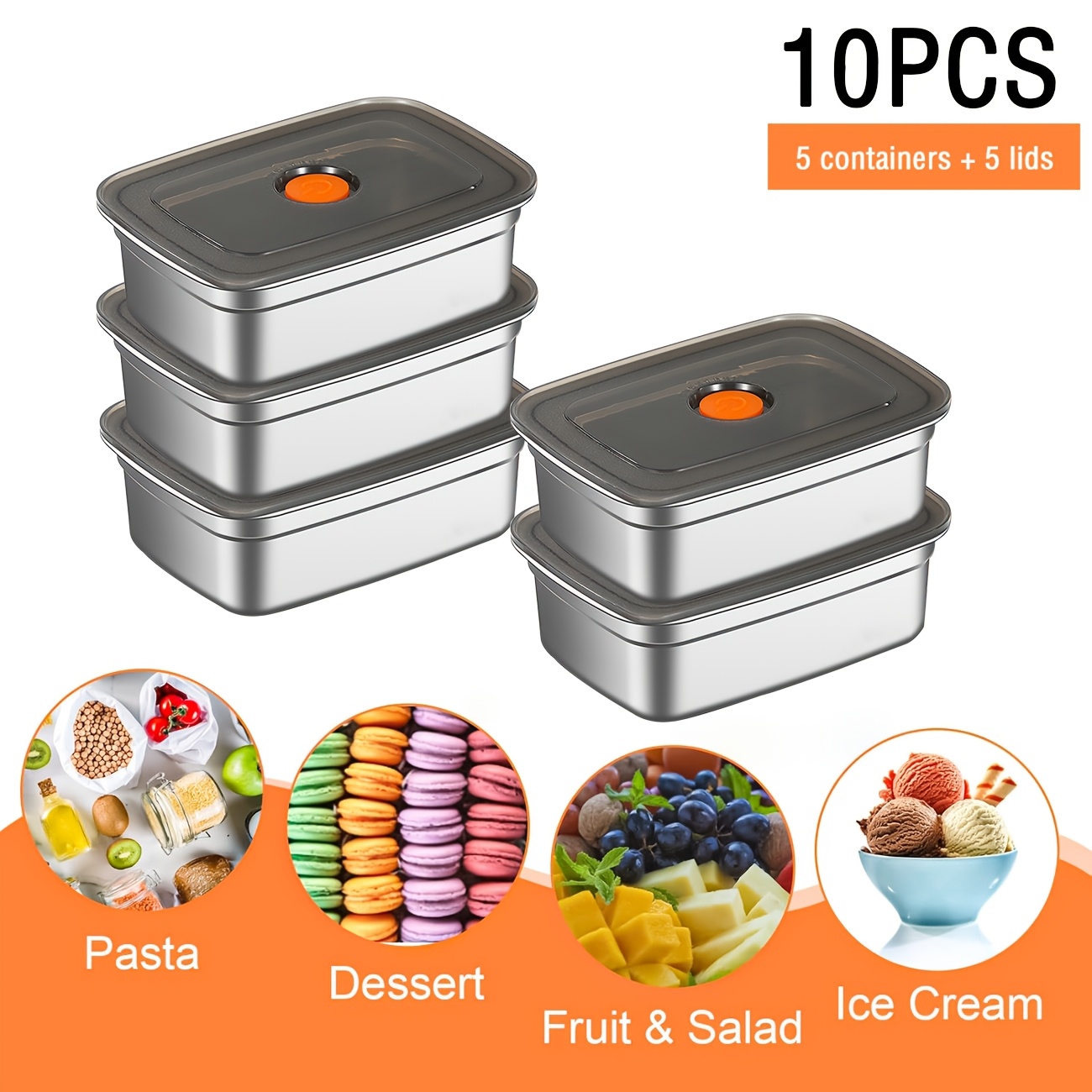 Food Storage Safe - ชุดกล่องถนอมอาหารสแตนเลส 10 ชิ้น พร้อมฝาปิด ป้องกันการรั่วซึม ใช้กับช่องแช่แข็ง/ไมโครเวฟได้