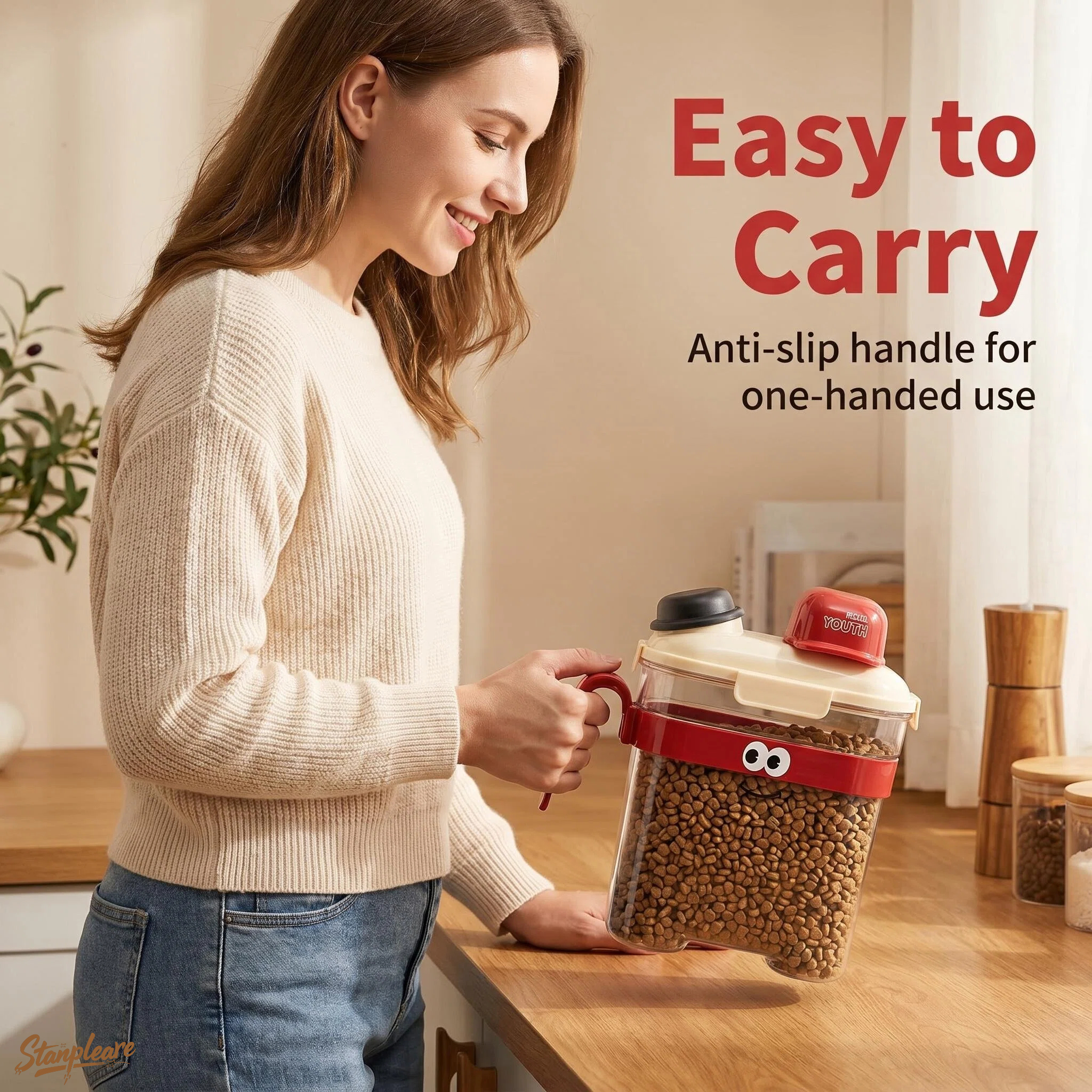 Food Storage Pet - ภาชนะเก็บอาหารสัตว์เลี้ยงแบบโปร่งใสพร้อมถ้วยตวงและหูจับ ป้องกันความชื้น สำหรับเก็บขนมแมวและสุนัข ขนาด 2800 มล.