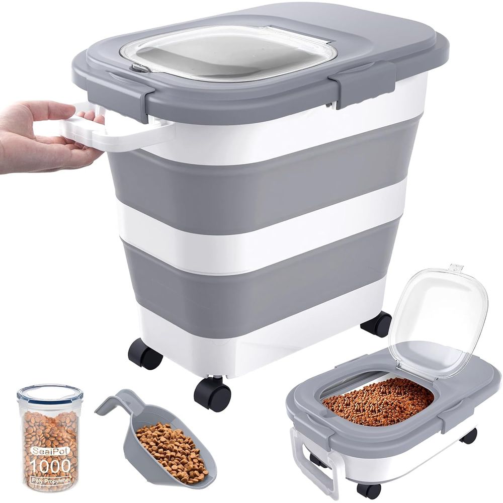 Food Storage With Scoop - ภาชนะเก็บอาหารสุนัขแบบปิดสนิท, ภาชนะเก็บอาหารสัตว์เลี้ยงขนาดใหญ่แบบพับได้พร้อมฝาปิด, ล้อ, ที่จับ, ที่ตัก, ภาชนะเก็บอาหารแมวขนาดเล็ก