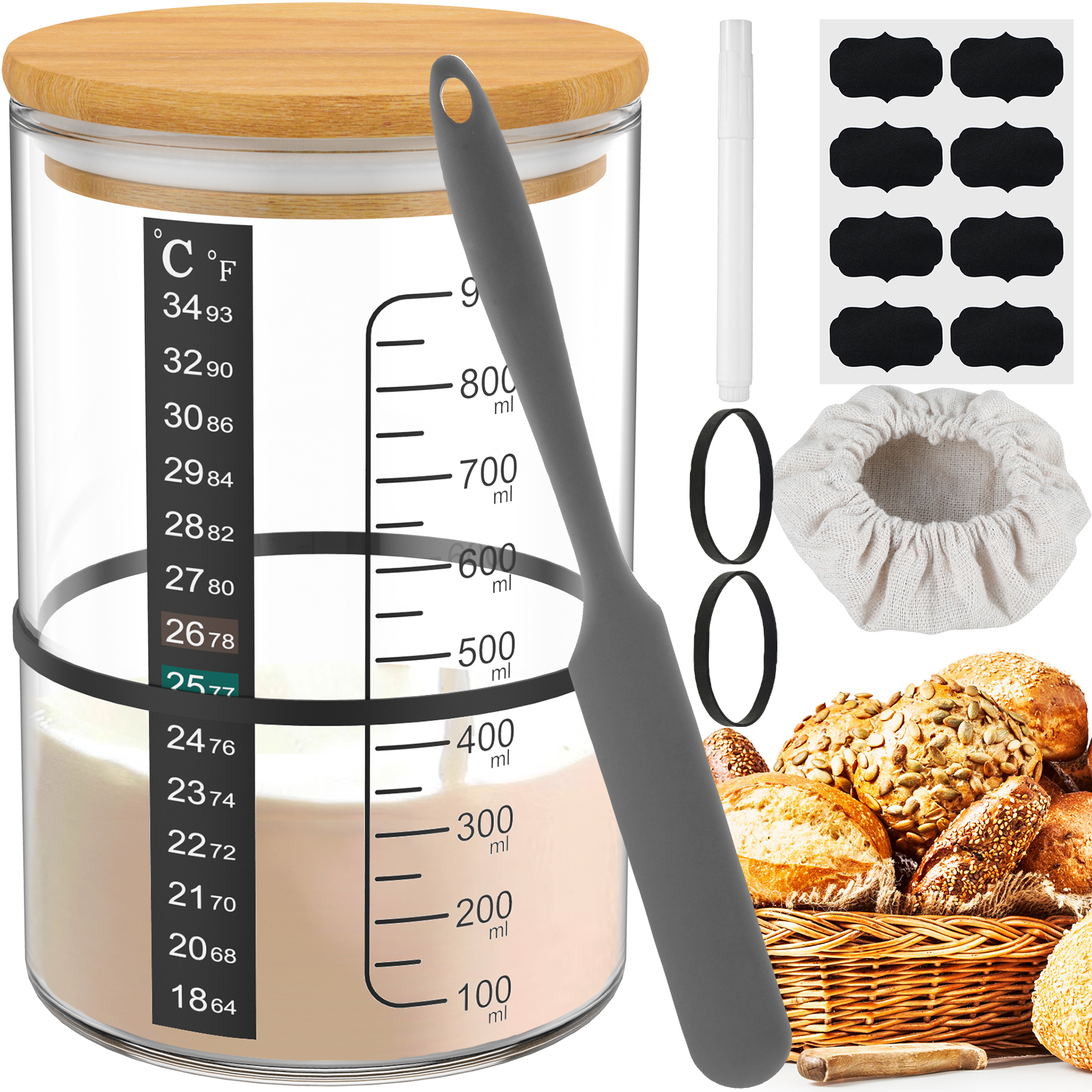 Food Storage Glass Containers - ชุดขวดหมักแป้งซาวโดว์ ขวดหมักแป้งซาวโดว์สำหรับทำขนมปัง อุปกรณ์ทำขนมปังในครัว