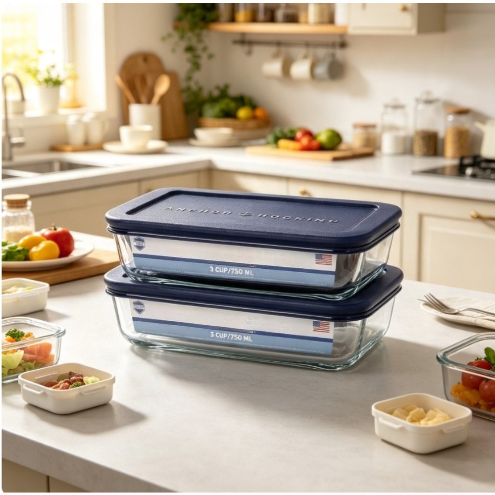 Food Storage Glass Containers - ภาชนะเก็บอาหารแก้วพร้อมฝาปิด ทรงสี่เหลี่ยมจัตุรัส ขนาด 3 คัพ ชุด