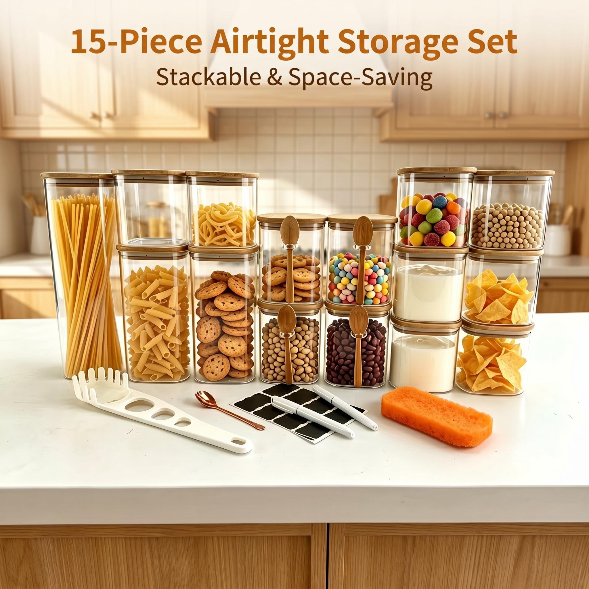 Food Storage Glass Containers Large - 15 ชิ้น-ขวดแก้วพร้อมฝาไม้ไผ่และช้อน, ชุดกระป๋องเก็บอาหารแบบสุญญากาศ, ภาชนะจัดระเบียบตู้กับข้าวความจุขนาดใหญ่, ภาชนะแก้วใสสำหรับใส่พาสต้า, แป้ง,
