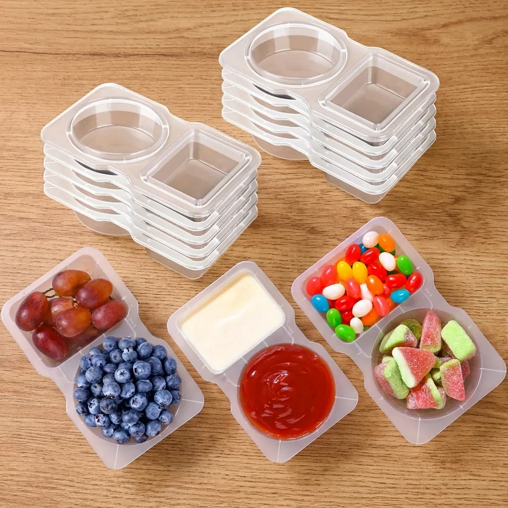 Portion Control Container - กล่องพลาสติกใสแบบใช้แล้วทิ้ง 2 ช่องสำหรับใส่ขนม ถาดแบ่งช่องคู่สำหรับใส่ผลไม้ ซอส ลูกอม