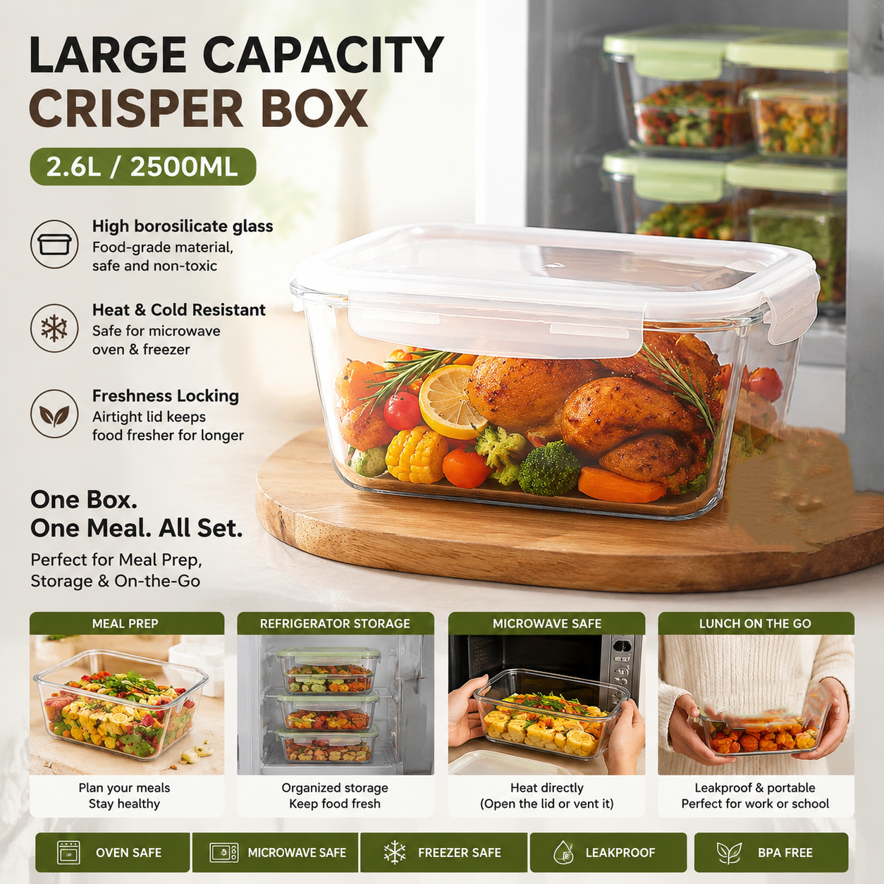 Food Storage Safe - กล่องเก็บอาหารแก้วขนาดใหญ่พร้อมฝาปิด กล่องเตรียมอาหารทำจากแก้วโบโรซิลิเกต ใช้กับไมโครเวฟได้ ปิดสนิท สำหรับครัว