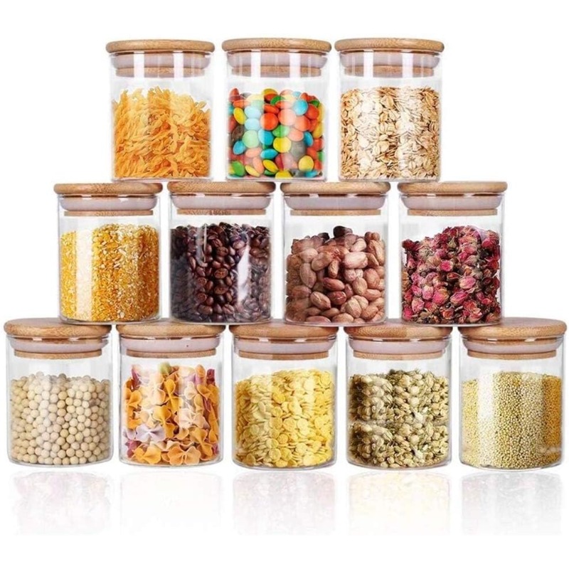 Food Storage Glass Containers Large - ชุดขวดแก้ว 12 ใบ พร้อมฝาปิดไม้ไผ่แบบสุญญากาศและป้ายกำกับ สำหรับเก็บอาหาร ธัญพืช