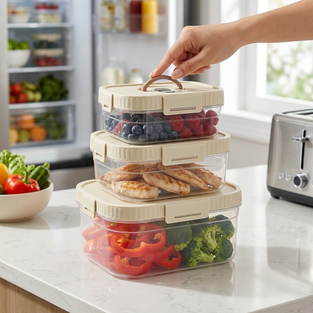 Food Storage Refrigerator - กล่องเก็บอาหารแบบซ้อนได้พร้อมหูจับ ปิดผนึกกันรั่ว กล่องพลาสติกใสสำหรับเก็บรักษาความสด กล่องเก็บอาหารในตู้เย็น