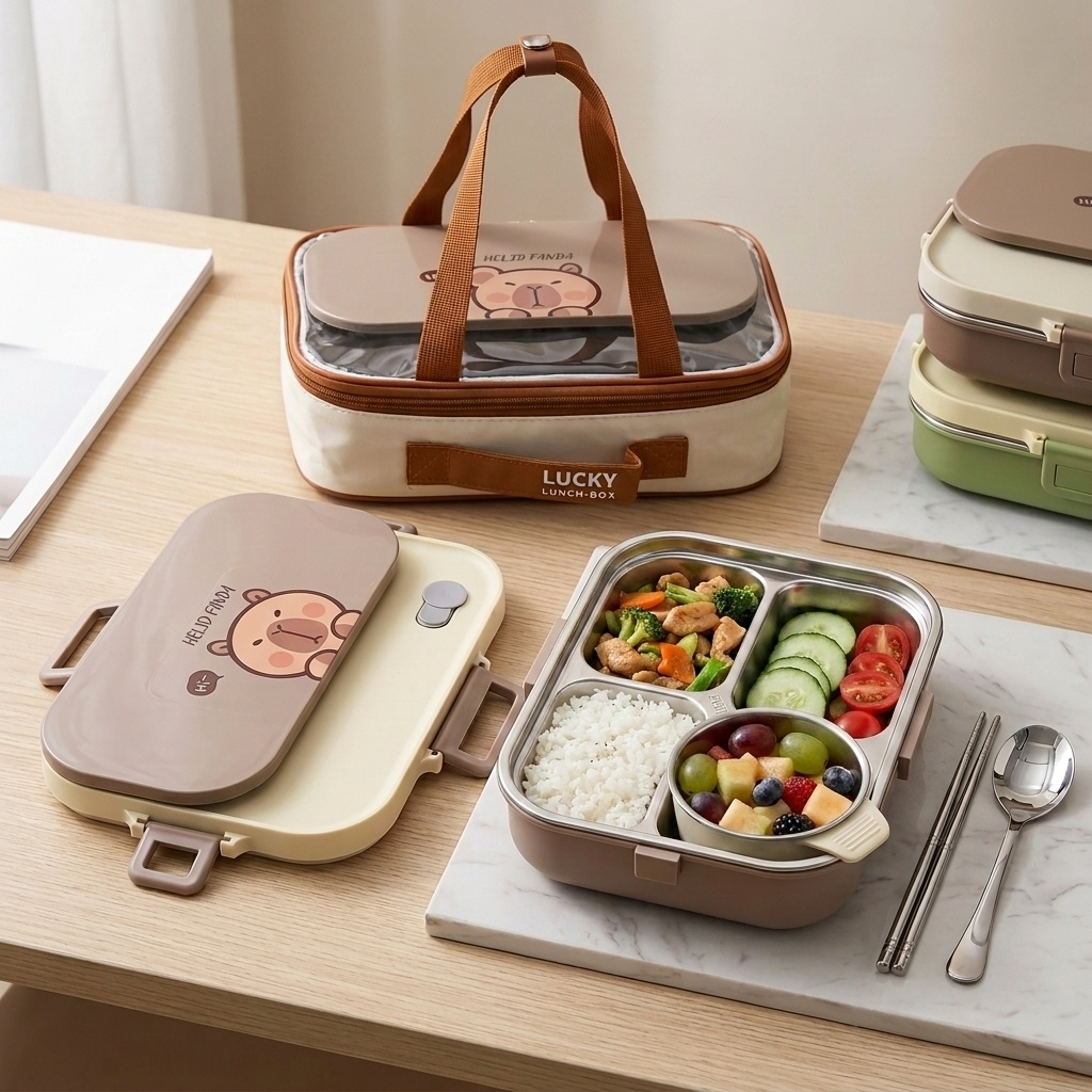 Food Storage With Scoop - กล่องข้าวสแตนเลส 304 ชุด 4/5 ช่อง พร้อมชามซุปและชุดช้อนส้อม
