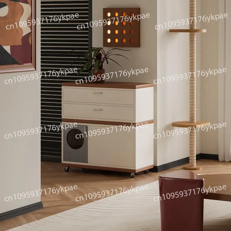 Food Storage Locker - ห้องน้ำแมวสไตล์ยุคกลางพร้อมล้อเลื่อน ตู้เก็บของอเนกประสงค์สำหรับแมว พร้อมช่องเก็บอาหารแมวและทรายแมว