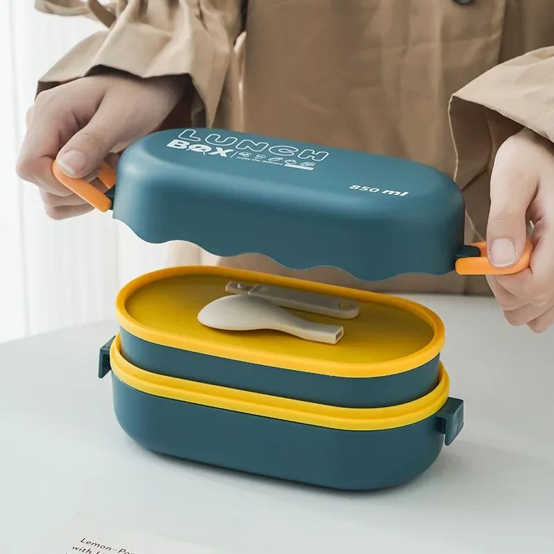 Food Storage With Scoop - กล่องข้าวกลางวันพลาสติกสองชั้นกล่องข้าวกลางวันขนาด850มล. พร้อมหัวเข็มขัดช้อนกันรั่วกล่องปิกนิกปิดสนิทกล่องเก็บสินค้าอาหาร