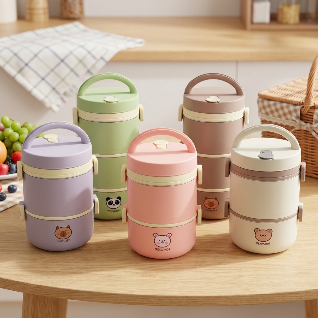 Food Storage With Scoop - กล่องอาหารกลางวันสแตนเลส 304 กล่องเบนโตะ ชุดกล่องเก็บอาหารแบบพกพาสำหรับเข้าไมโครเวฟ น่ารักสำหรับเด็ก นักเรียน