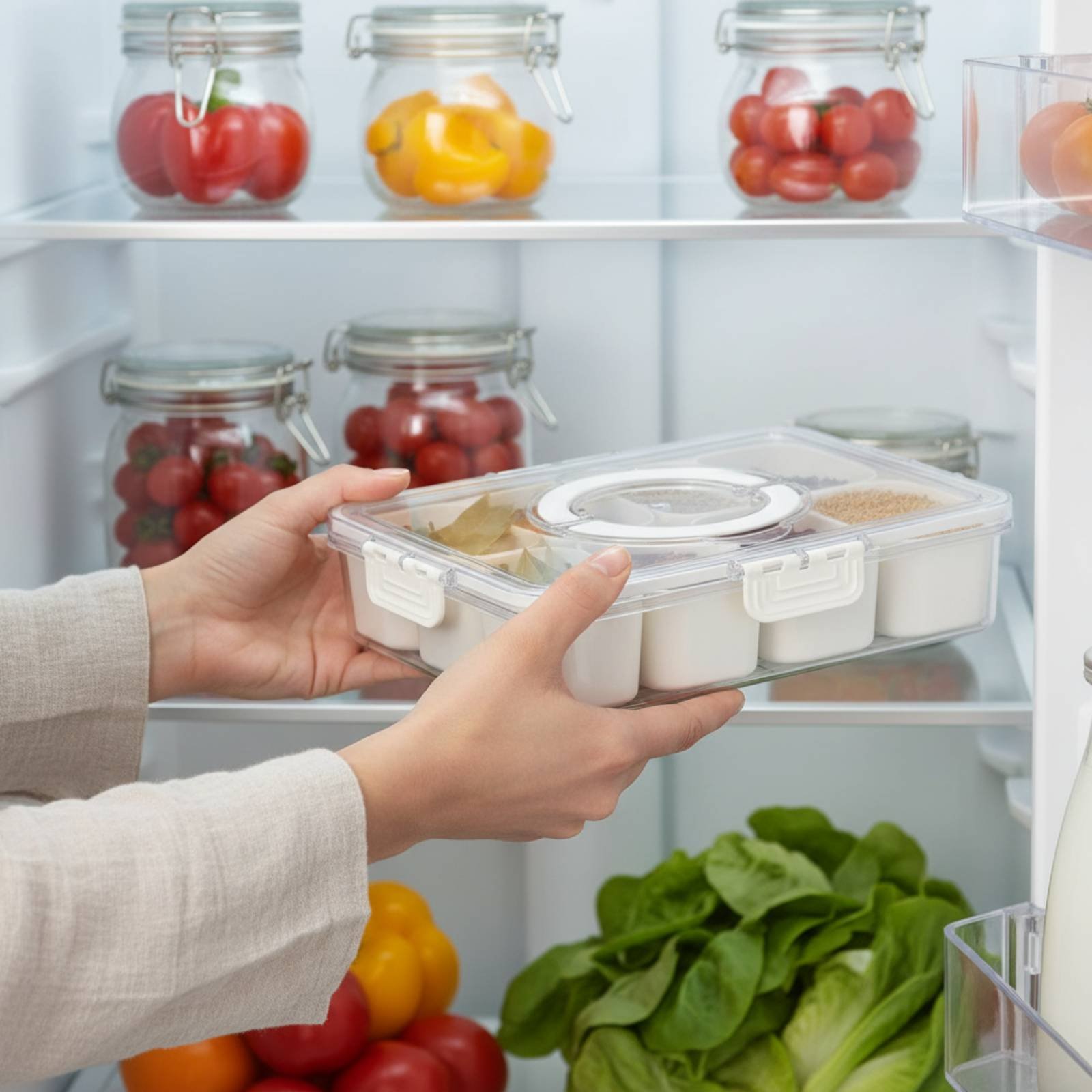 Food Storage Refrigerator - กล่องเก็บอาหารในตู้เย็น ดีไซน์ระบายน้ำได้ พร้อมตัวแบ่งช่อง กล่องเก็บอาหารแบบแยกส่วน ป้องกันการรั่วซึม