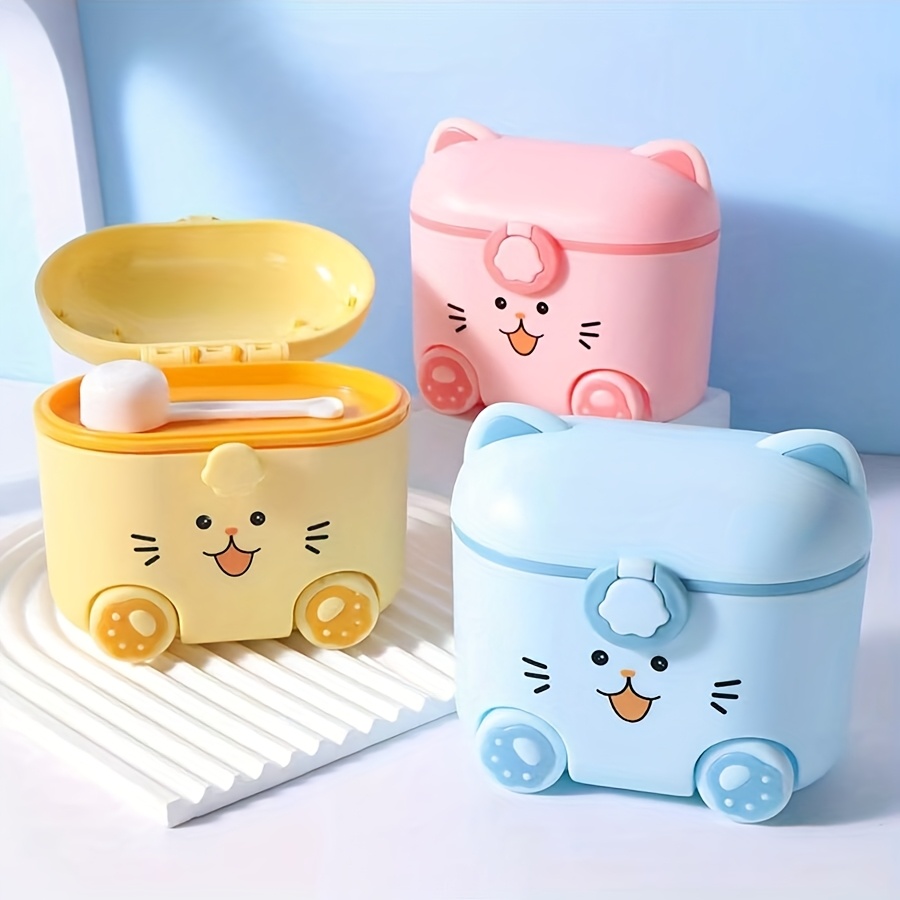 Food Storage Locker - ภาชนะใส่นมผงรูปแมวน่ารักพร้อมช้อนและตัวล็อค กล่องเก็บอาหารแบบพกพาสำหรับใช้งานกลางแจ้ง กล่องใส่ขนม