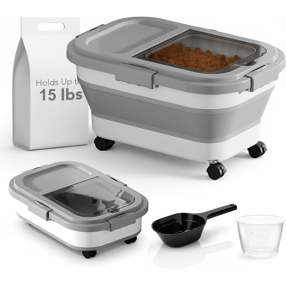 Food Storage Pet - ภาชนะเก็บอาหารสุนัข/แมวขนาด 15 ปอนด์, ภาชนะเก็บอาหารแบบพับได้พร้อมล้อเลื่อนและฝาปิดล็อคแน่นสนิท, ภาชนะเก็บอาหารสัตว์เลี้ยง