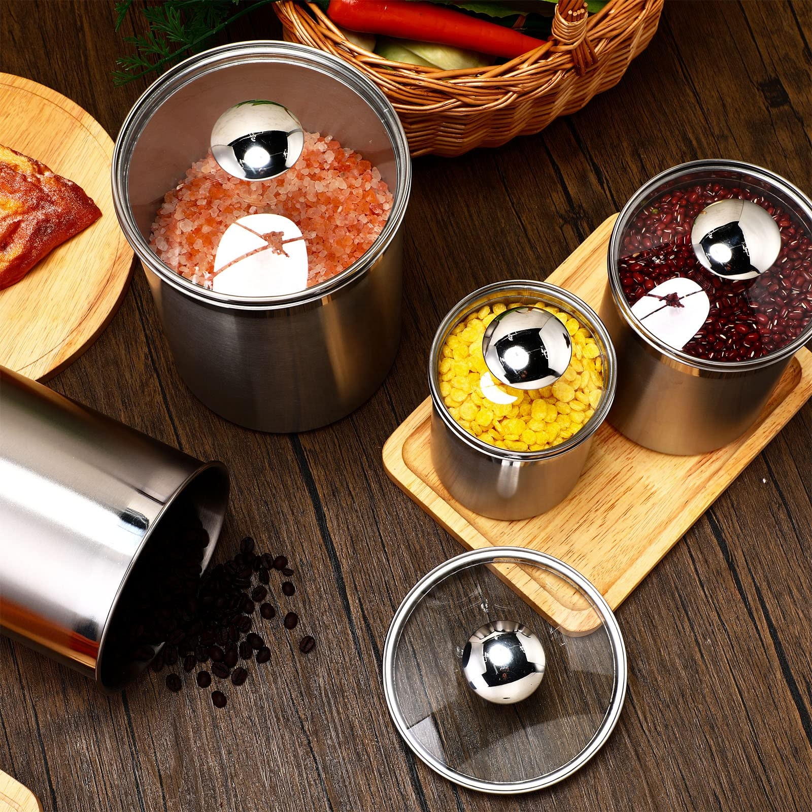 Food Storage Glass Containers - ชุดกระป๋องเก็บอาหารสแตนเลสสำหรับชา กาแฟ น้ำตาล แป้ง ปิดผนึกกันอากาศ พร้อมฝาแก้ว