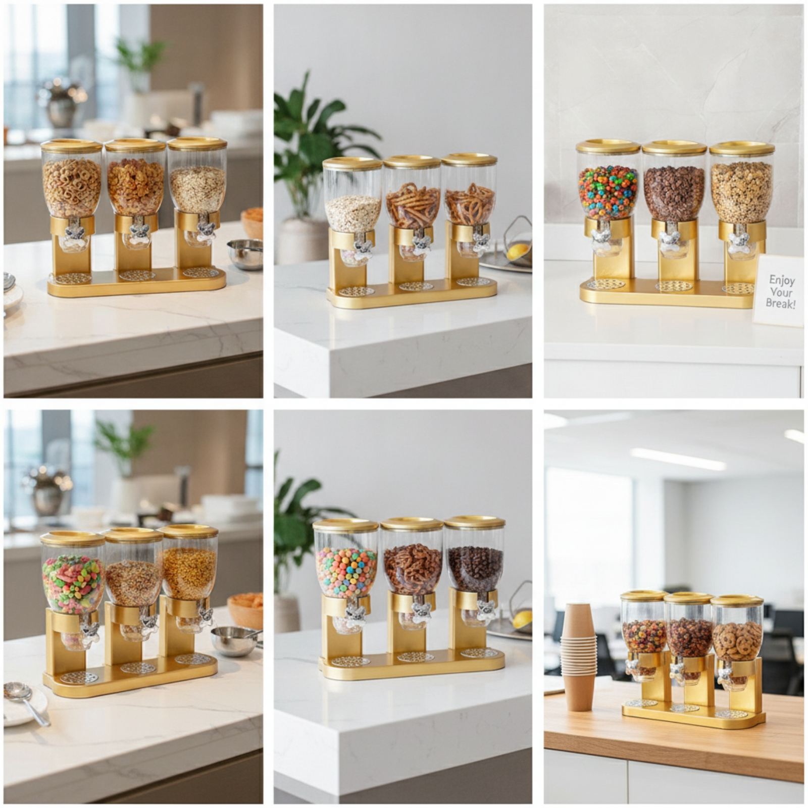 Portion Control Container - เครื่องจ่ายซีเรียลแบบควบคุมปริมาณ พร้อมขาตั้งโลหะ ภาชนะบรรจุสองชั้น ทันสมัยสำหรับครอบครัว ห้องครัว