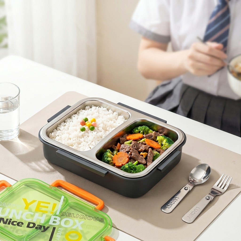 Food Storage With Scoop - กล่องข้าวสแตนเลส 304 สำหรับเข้าไมโครเวฟ แบ่งช่องเก็บอาหาร ป้องกันการรั่วซึม เหมาะสำหรับเด็ก