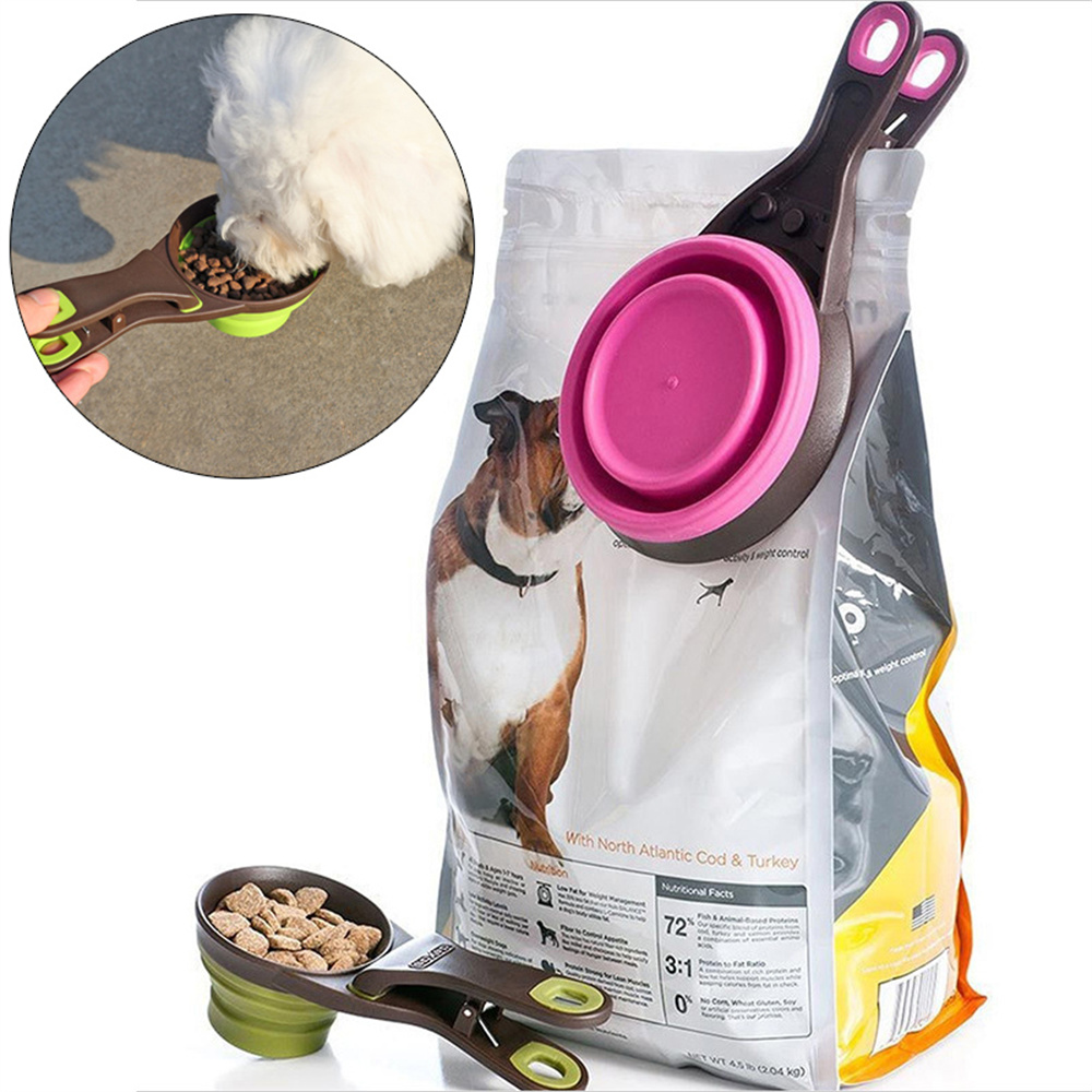 Food Storage With Scoop - ถ้วยตวงอาหารสัตว์เลี้ยงแบบพับได้ พกพาสะดวก ทำจากซิลิโคน พร้อมคลิปหนีบถุง 3 ขนาด