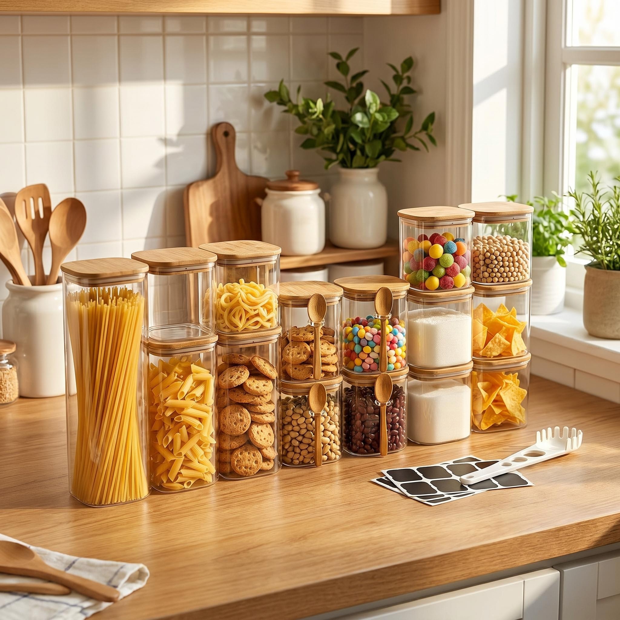 15 ชิ้น-ขวดแก้วพร้อมฝาไม้ไผ่แล - Food Storage Glass Containers Large บทวิจารณ์และราคา
