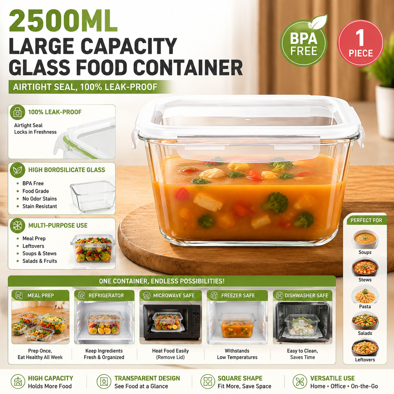 กล่องเก็บอาหารแก้วขนาดใหญ่ 250 - Food Storage Glass Containers Large บทวิจารณ์และราคา